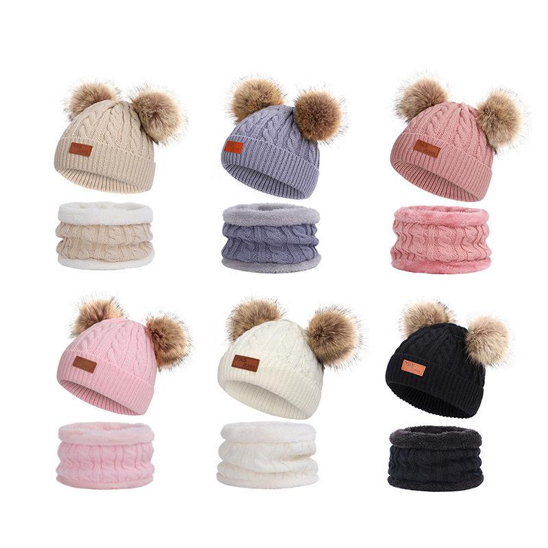 Cappello lavorato a maglia in lana per bambini autunno e inverno, set caldo per bambini, sciarpa, guanti, set da tre pezzi con velluto
