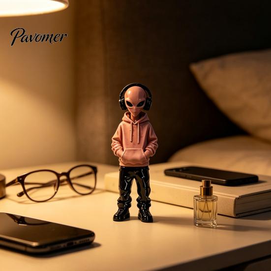 Collectible Alien Art 3D Printed Figurine with Hoodie And Headphone, Trendy Desktop Aesthetic Room Embellishments Ornament, Cyber Style Statue