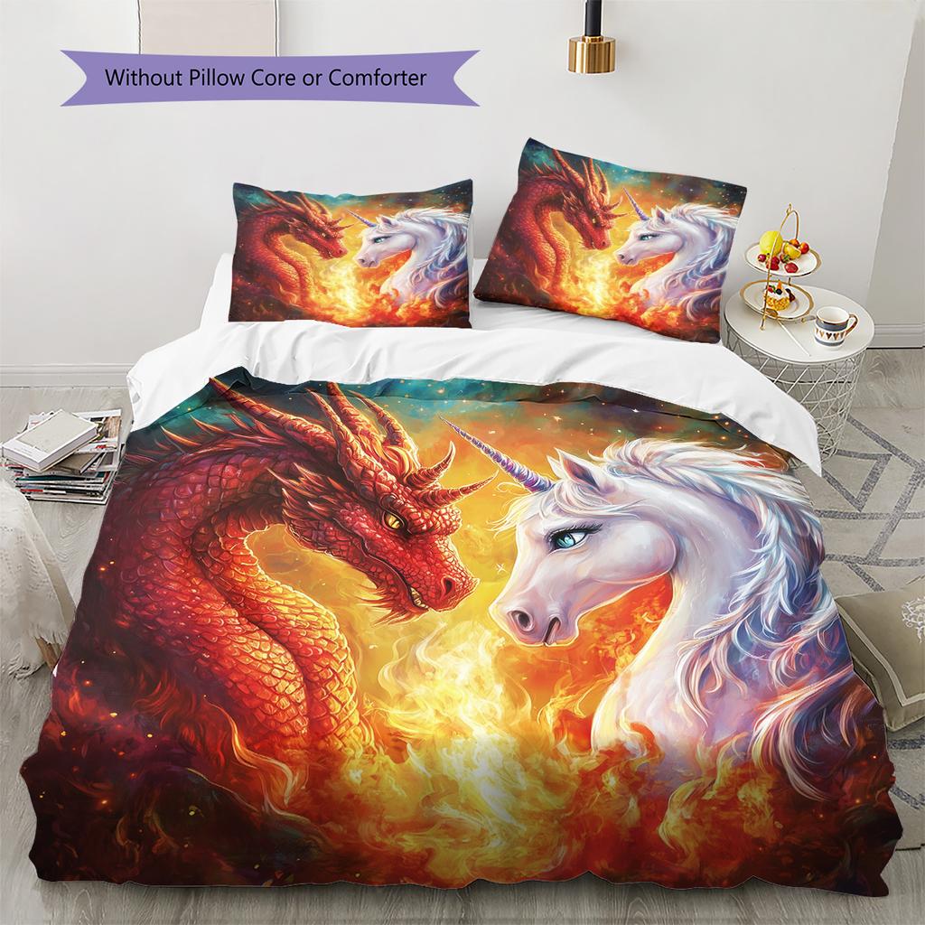 Dragon and unicorn Pattern Bedding Quilt Set Quilt Cover Pillowcase Home Decoration Gift (1 * duvet cover + 2 * pillowcase, without core)