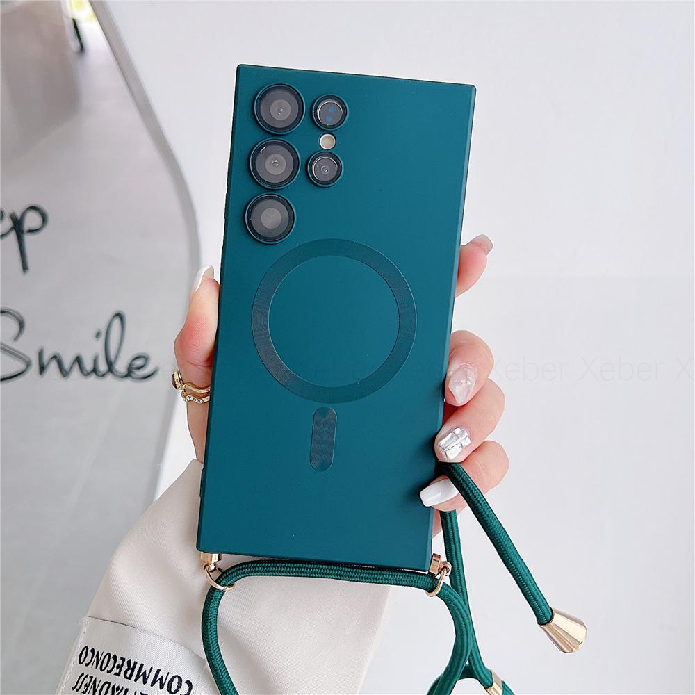 

Lanyard Crossbody Necklace Magnetic Charge Case For Samsung S25 S24 S23 Ultra S22 S21 Plus S20FE 20 Matte Cover For Magsafe For S26&Case & Strap темно-зеленого