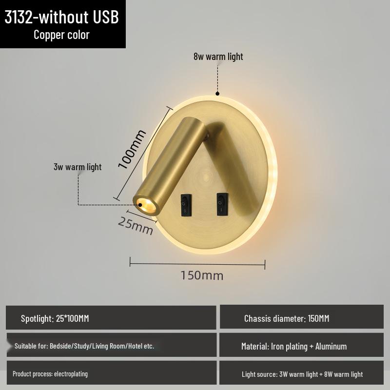 Applique Murale LED Ronde Minimaliste avec Interrupteur et Port de Chargement USB pour Chambre à Coucher Lecture
