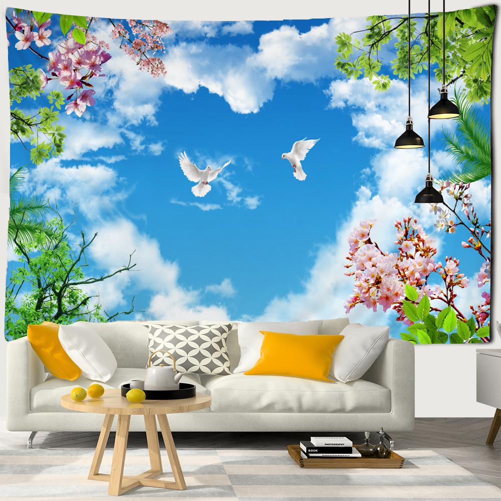 Landscape Tapestry Wall Hanging Sunny Scenery Blue Sky Love Heart Cloud Pigeon Beach Wall Tapestry Backdrop Wall Cloth Tapestry