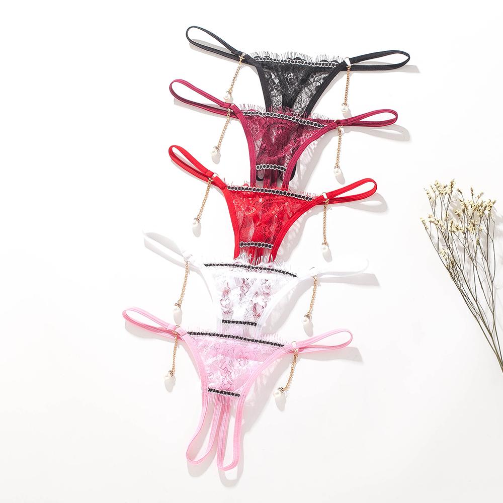 Perlový přívěsek Otevřená tanga Ženy Spodní prádlo Bezrozkrokové výšivky G String Tanga kalhotky Krajka Transparentní Sexy spodní prádlo