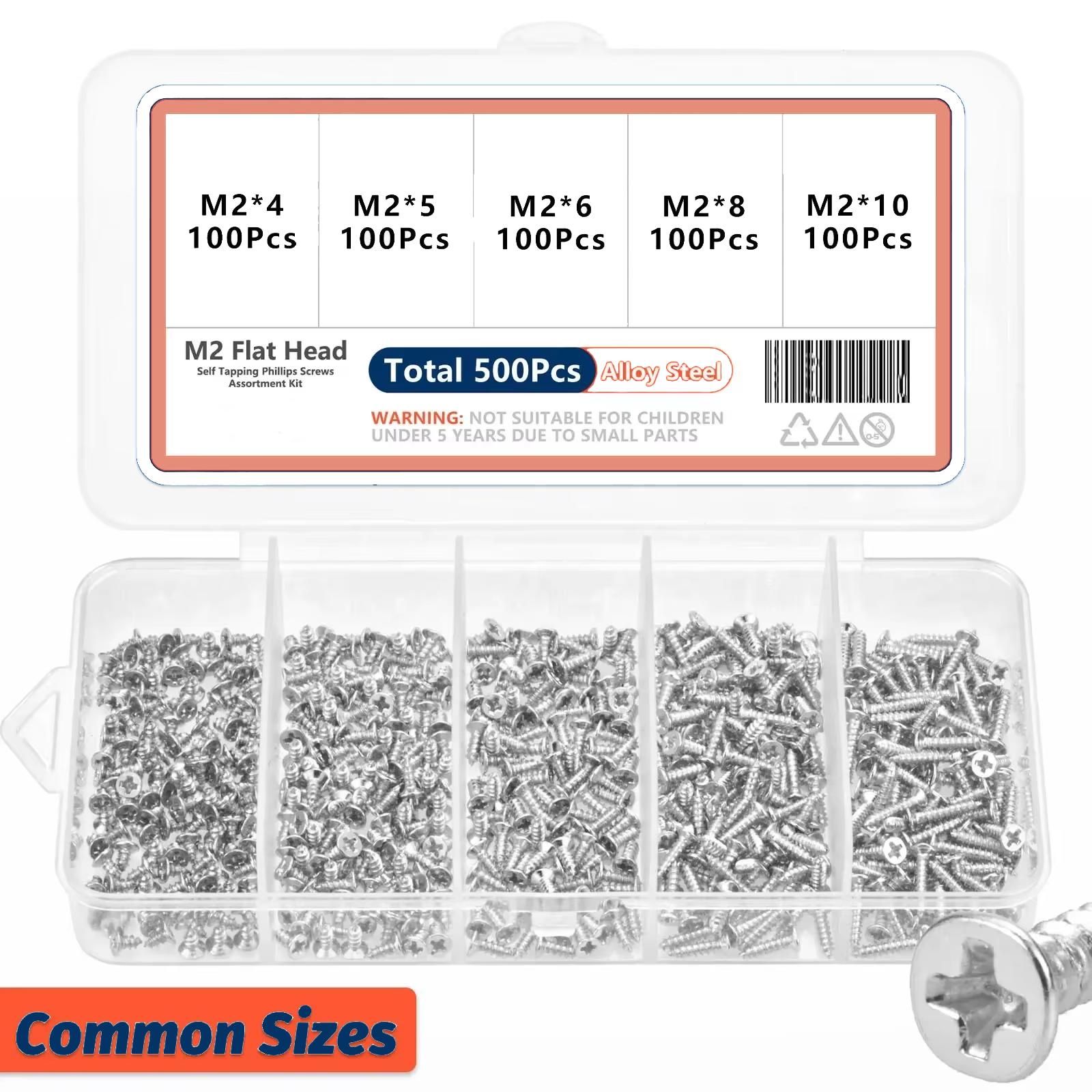 

500 шт. M2 Саморезы Phillips Ассортиментный набор 5 размеров Легированная сталь Крестообразный привод Плоская головка Саморезы по дереву DIY