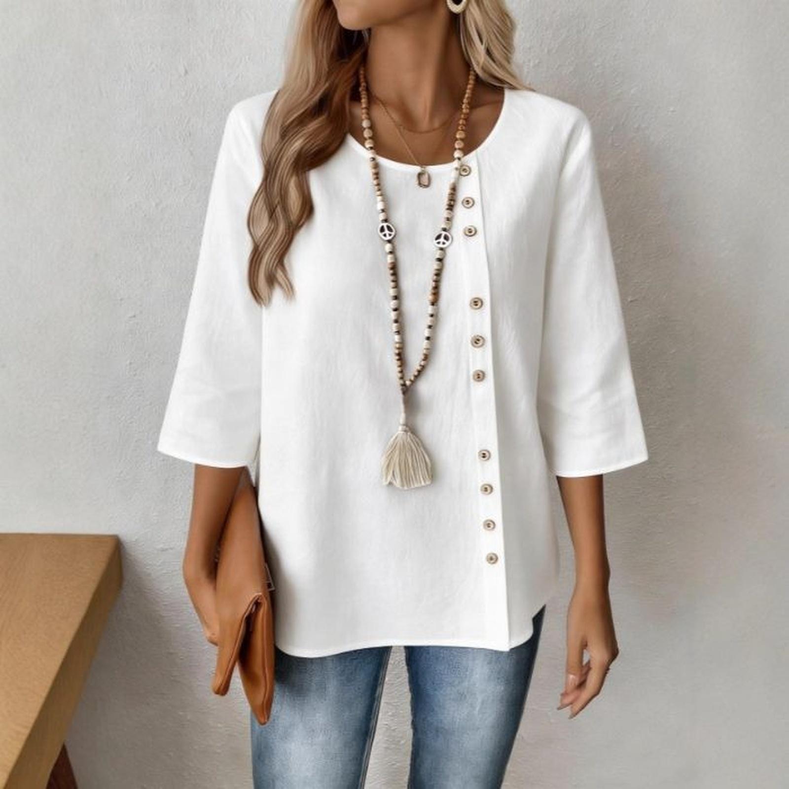 

Women s Loose-fitting, Casual And Stylish Single-breasted 3/4 sleeved Cotton And Linen Top XL білий