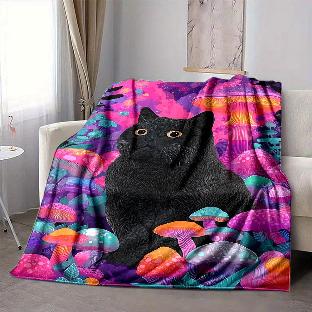 1pc Mushroom Fantasy Cat Blanket, Lightweight Flannel Throw Blanket For Sofa, Bed, Travel, Camping, Living Room, Office, Couch, Chair, And Bed