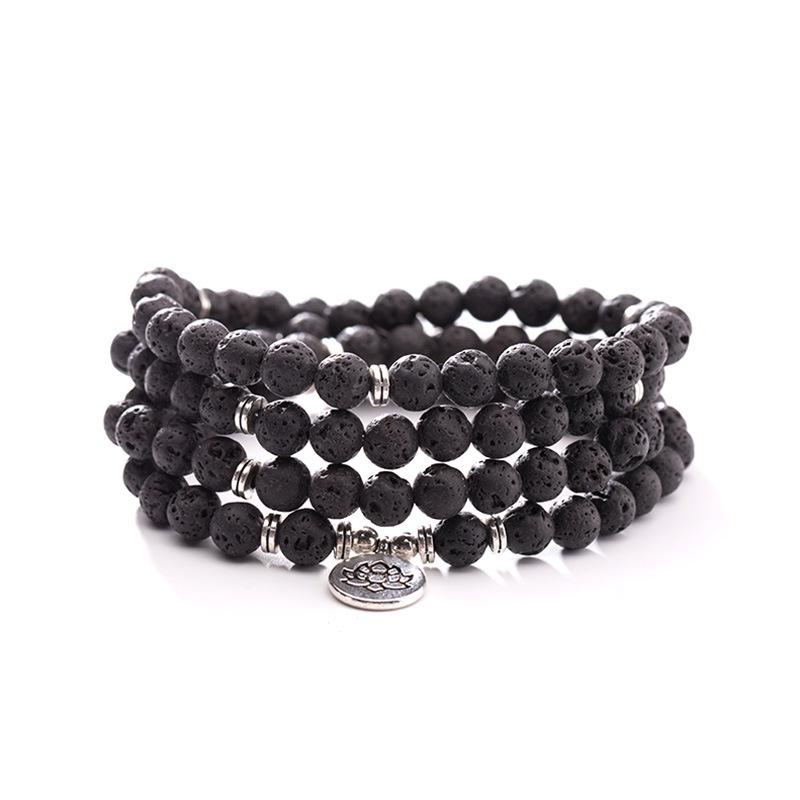 European  American Fashion Volcanic Stone 108 Beads Bracelet with Buddha  Lotus Pendant Necklace