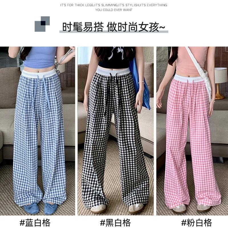 Damen Sommer dünnes Design bequeme Hose locker lässig gerade Fallende Hose rosa kariert weites Bein