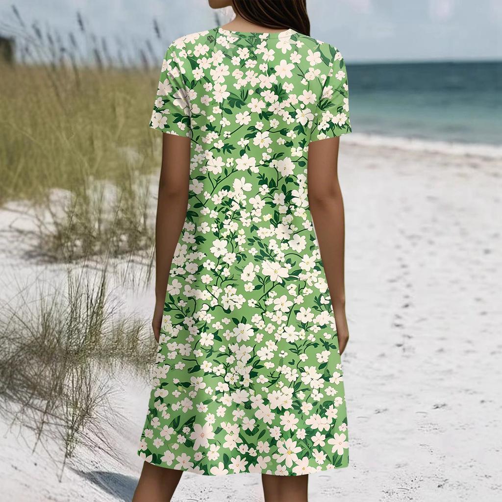 Kurzärmeliges Boho-Kleid für Damen, lässig, lockere Passform, Sommerkleid mit Print, Rundhalsausschnitt, mit Taschen