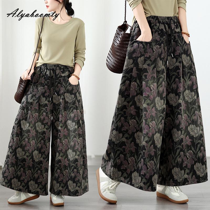 Large Size Autumn Spring Women Straight Jeans High Waist Floral Print Black Denim Trousers Retro Classical Oversized Ladies' Jeans