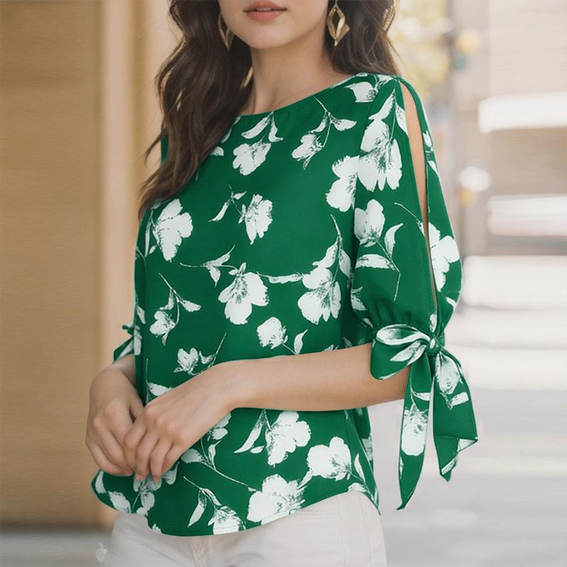 ZANZEA Damen Lässige Rundhals Schnürung Halbsleeve Print Bluse