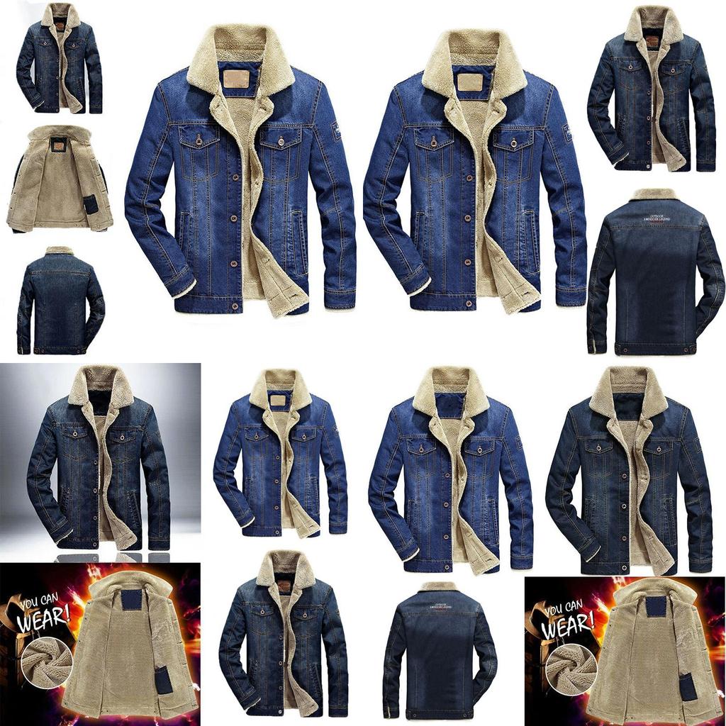 Men's Jean Jacket With Fur Collar Lined Winter Warm Casual Denim Coat M-6xl
