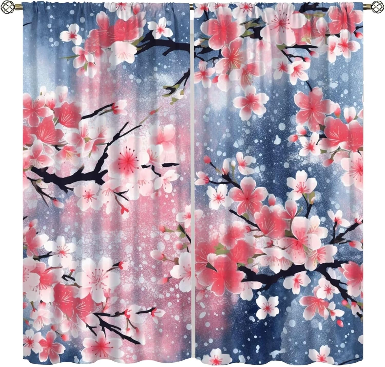 

Cherry Blossom Curtains Oriental Style Pink Plum Branch Blooming Falling Japanese Landscape Drapes Set Pa Blackout Made Of Polyester W100*H70(CM)-Rod Pocket&2PCS