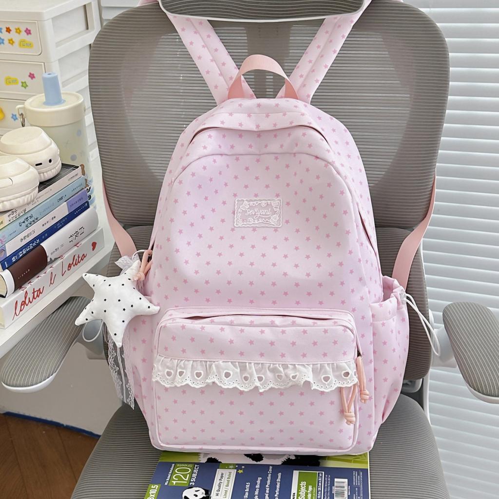 Schoolbag1011 New Schoolbag Women's High-value Star Printing Cute Lace Junior High School Students Large-capacity Korean Backpack