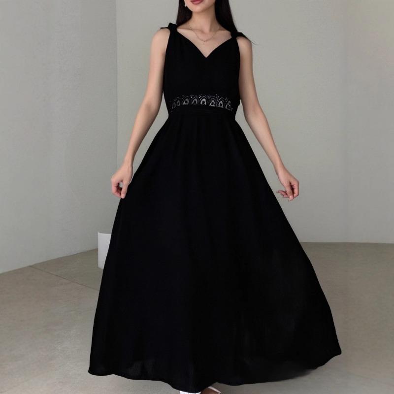 Fashion Sexy Cross V Neck Women Evening Party Dress High Waist Slim Lace Sleeveless Loose Casual Simple Elegant Long A-line Dresses Solid Clothing
