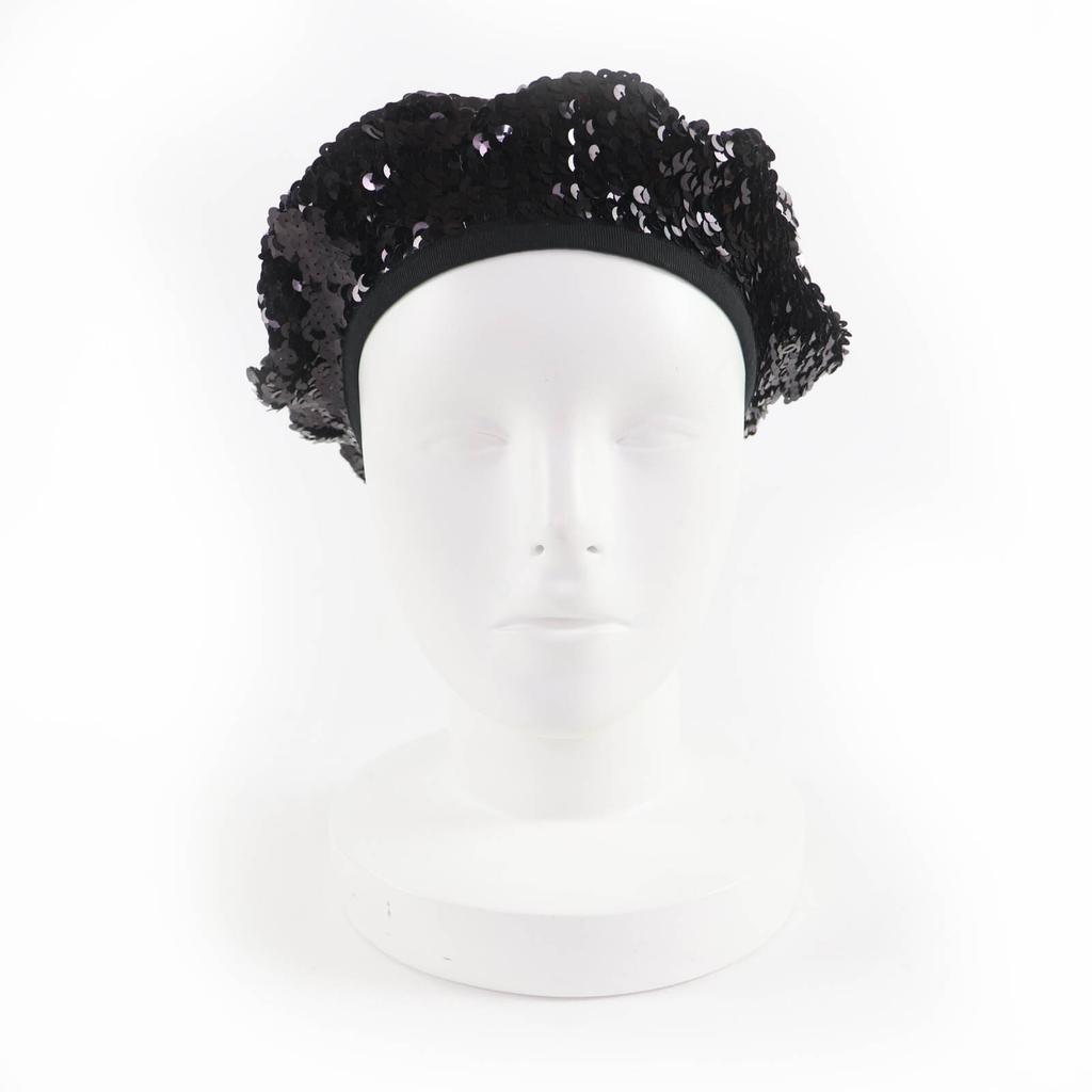 Great CHANEL Beret COCO Mark 100% Silk Lining with Sequins Black Women M 17C Used