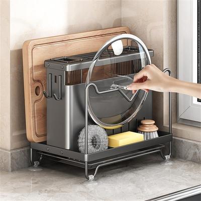 Utensil Drainer Rack with Cutting Board Stand and Cutlery Storage Holder for Kitchen Countertop In Carbon Steel