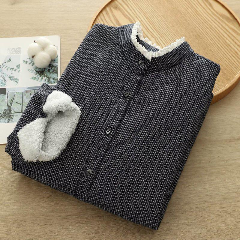 2025 Winter Women s Trendy Lace Trim Stand Collar Thickened Cotton Fleece Long Sleeve Shirt Large