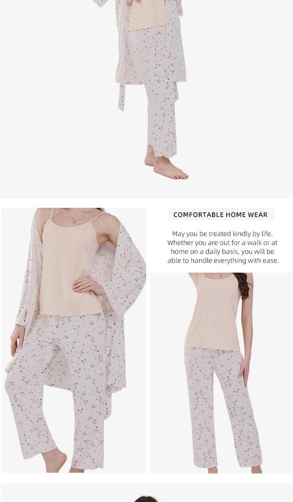 Summer 2026 Floral Women's Pajamas Three-Piece Set Long Sleeve – Wearable Outdoors, In Stock