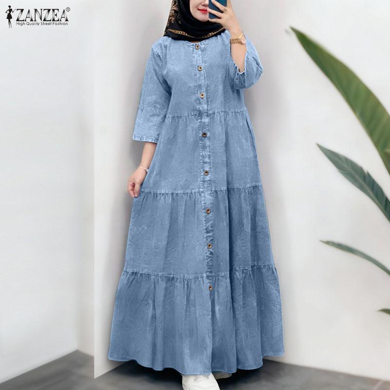 ZANZEA Women Round Neck 3/4 Sleeve Loose Casual Long Dress