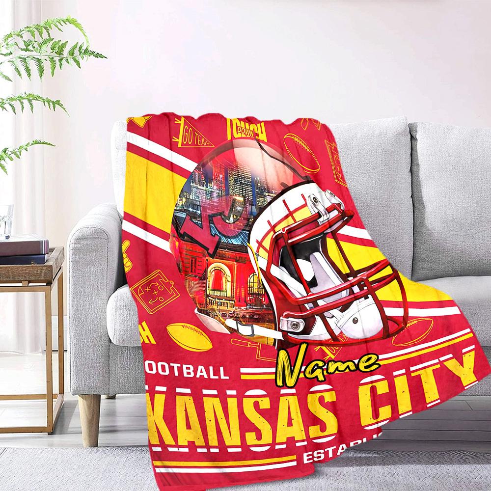 Kansas City Football Helmet With Cityscape Background Cozy Customizable Blanket Name Comfortable Texture For Sofa Couch Office Bed Picnics Ideal For