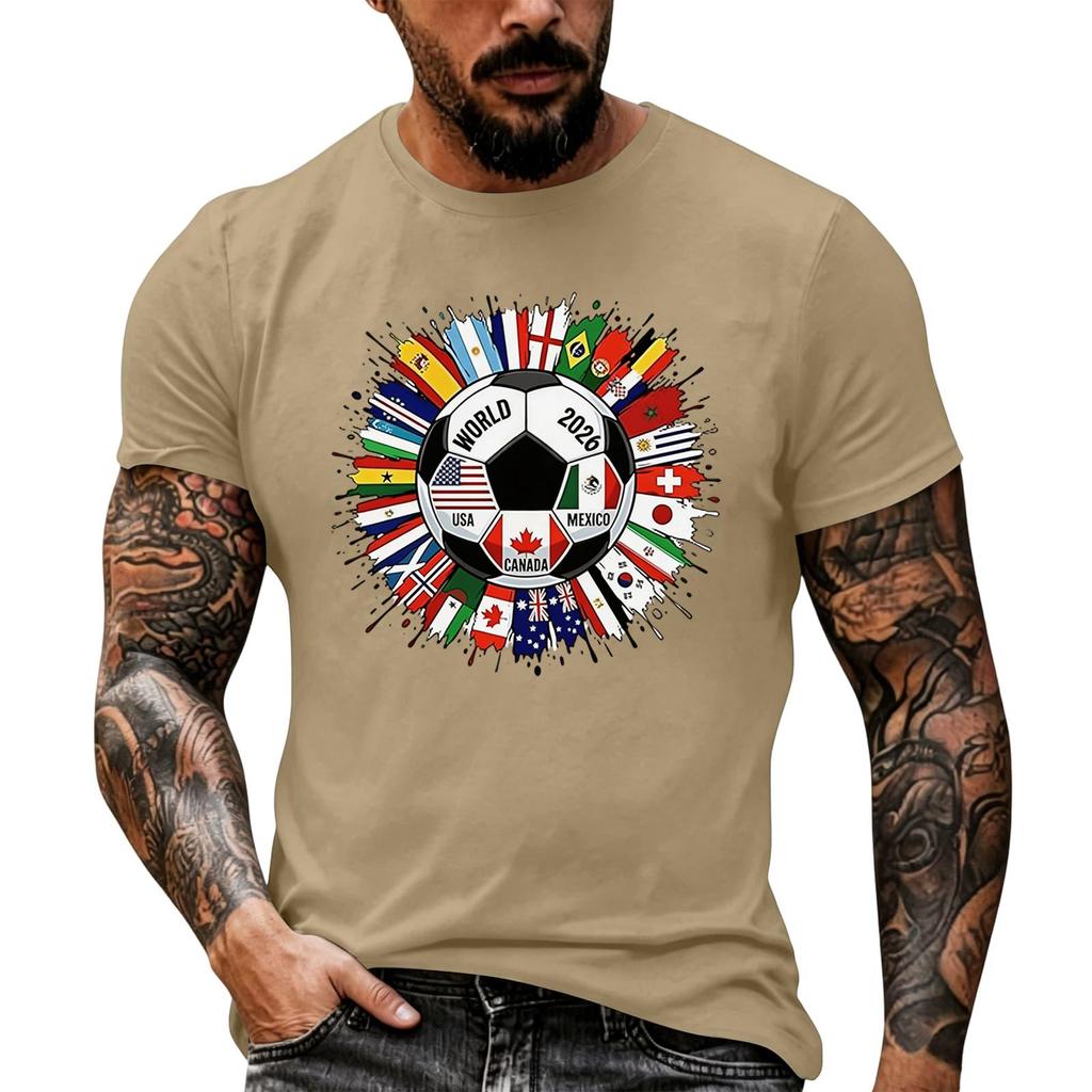 Men's Basic Crew Neck Short Sleeve T Shirt Loose Fit Casual Summer Top Soccer Ball and International Flags Graphic Print