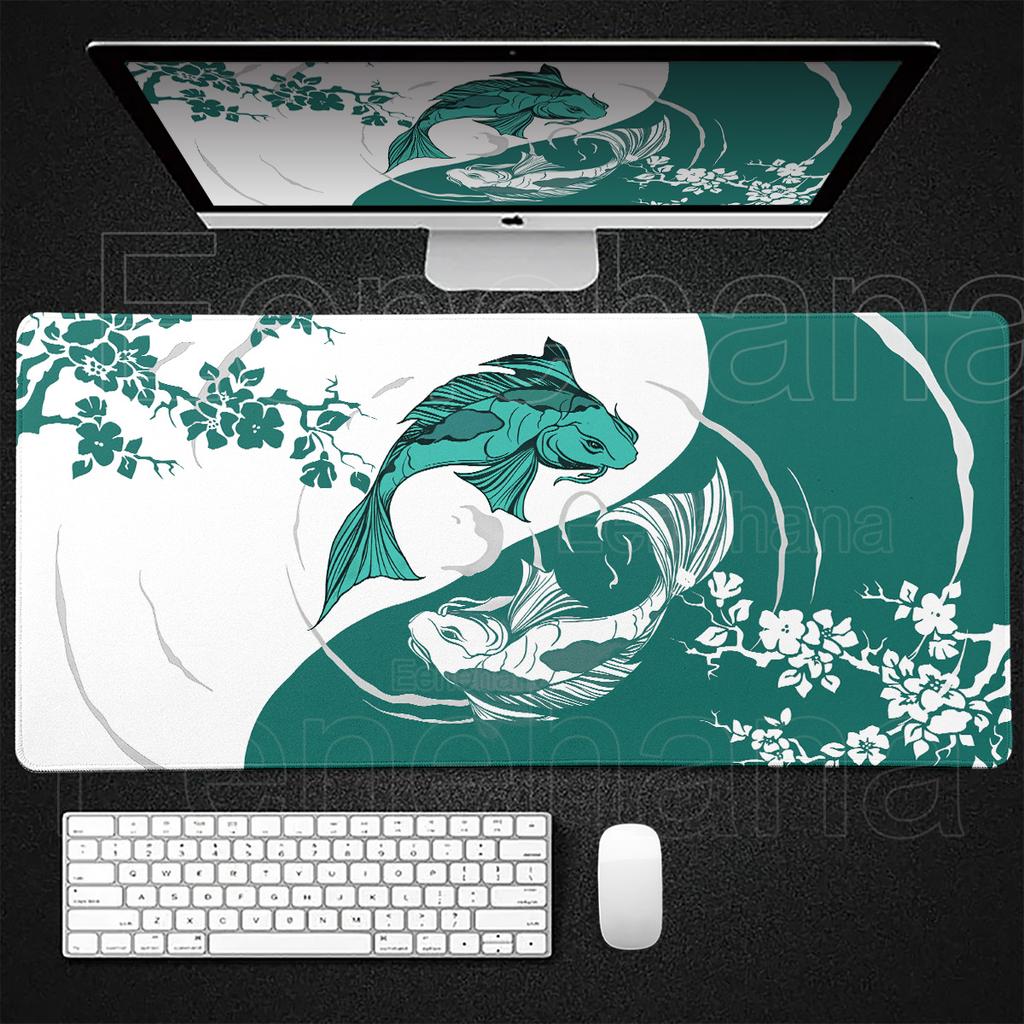 Japanese Black White PC Gaming Big Mouse Pad Yin Yang Fish Sakura Nonslip XXL Desk Keyboard Expansion Mat Office Accessories