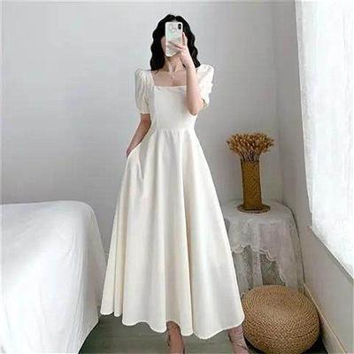 Robe d'été noire à taille fine pour femme, col carré, longueur genou