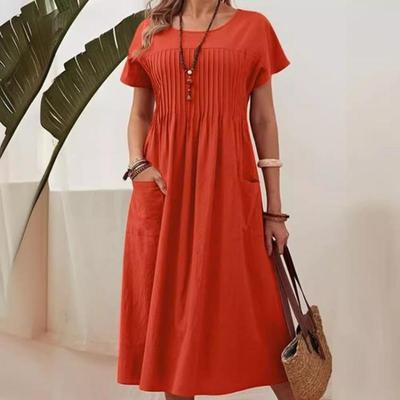 Damen Sommer Baumwolle Leinen Kleid Übergröße Einfarbig Rundhals Kurzarm Plissee Tasche S-5XL