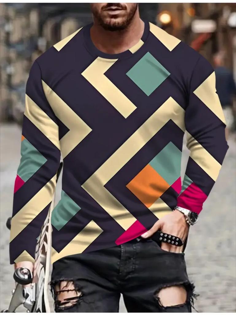 Vintage T-Shirt for Men Patchwork Grid Graphic T Shirts 3D Print Long Sleeve Tee Oversized Man Clothing Tops Creative Clothing