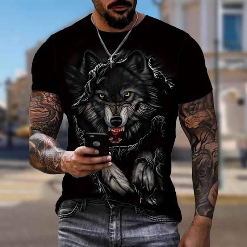 

Новая летняя мужская модная футболка с принтом «Могучий волк», мужская футболка, топ XL чёрный