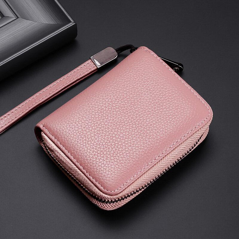 

Genuine Leather RFID Bank Credit Card Clutch Wallet Men and Women Change Coin Keys Cards Zipper Bag with Hand Strap розовый