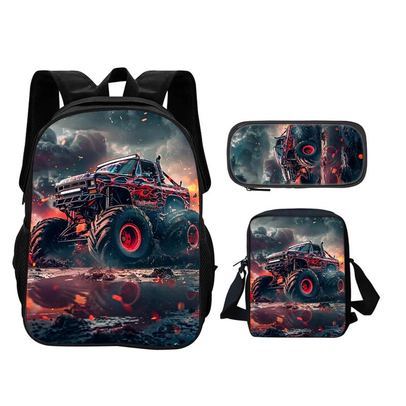 Monster Jam Backpack Pencil Box Shoulder Bag 3Pcs Set Cartoon Printed New Trendy Student School Best Campus Companion
