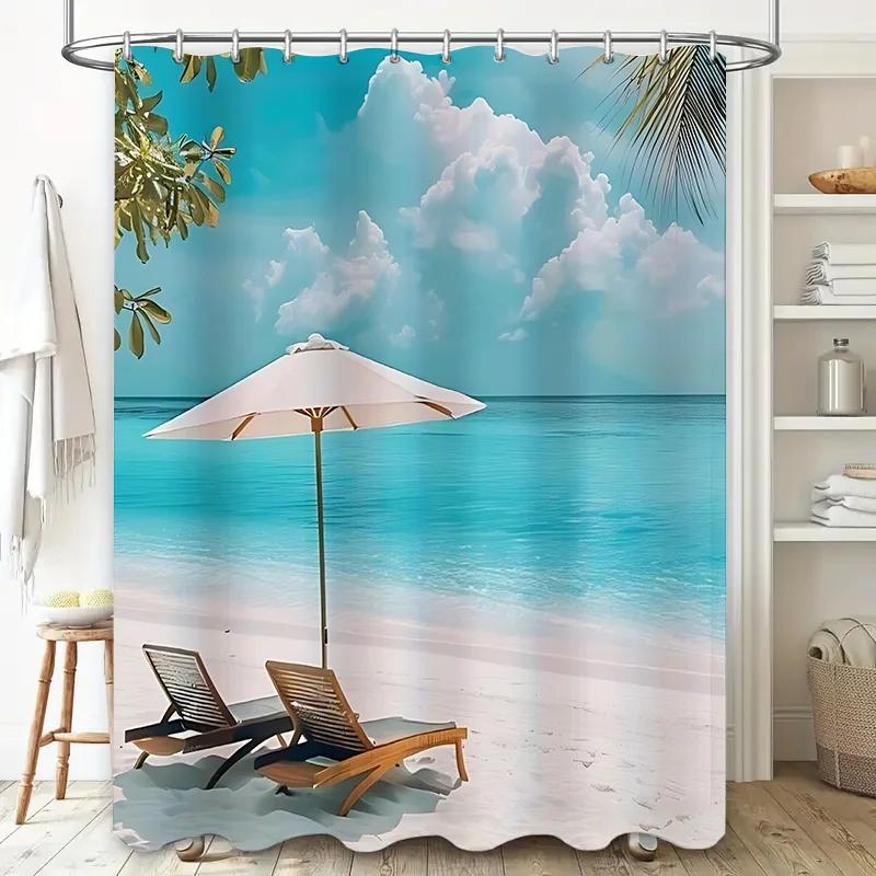 Beach Umbrella and Lounge Chairs on White Sand with Turquoise Sea and Blue Sky Shower Curtain for  Decor Waterproof  Durable