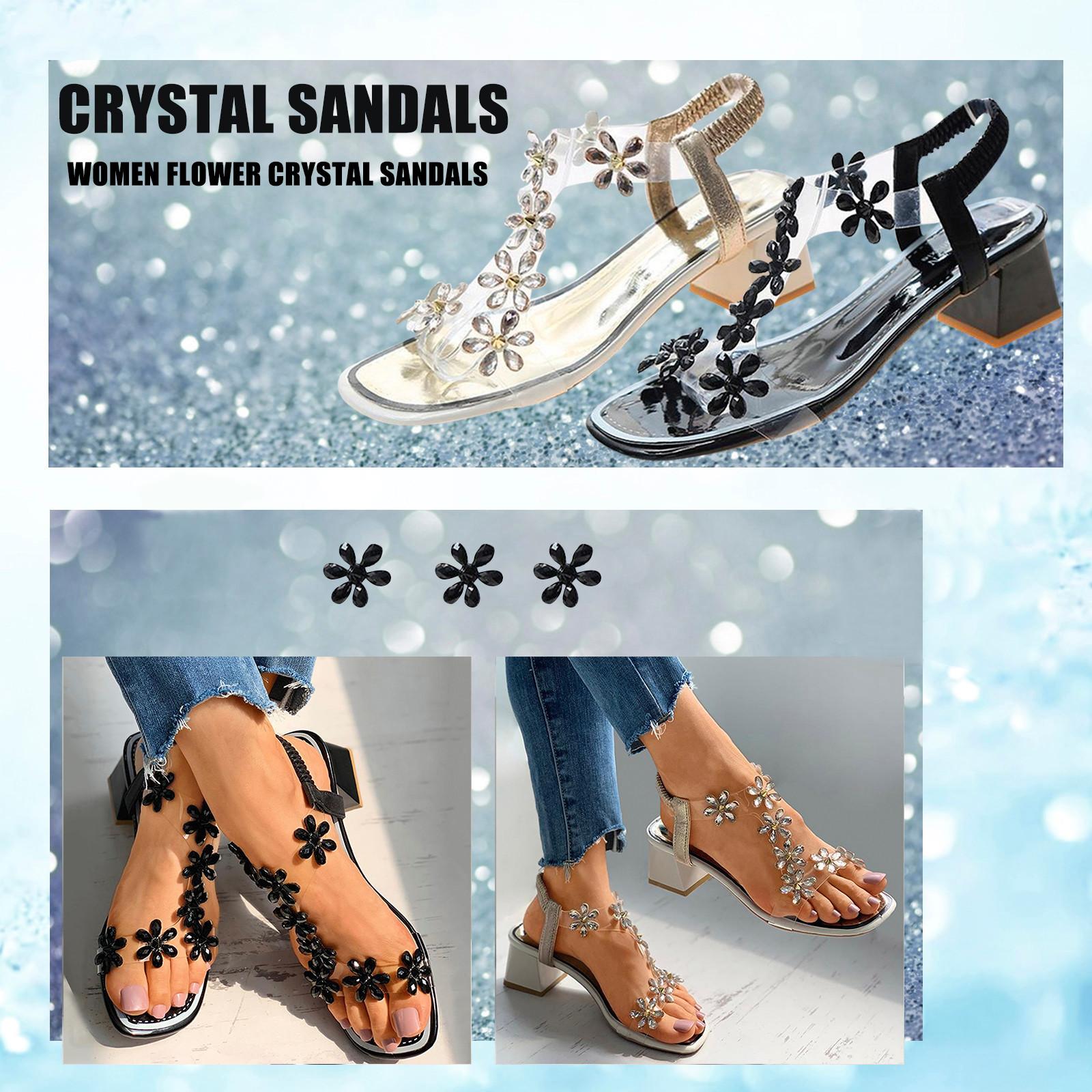 

Women s Bohemia-Style Flower Crystal Square Heel Slip On Beach Sandals Shoes