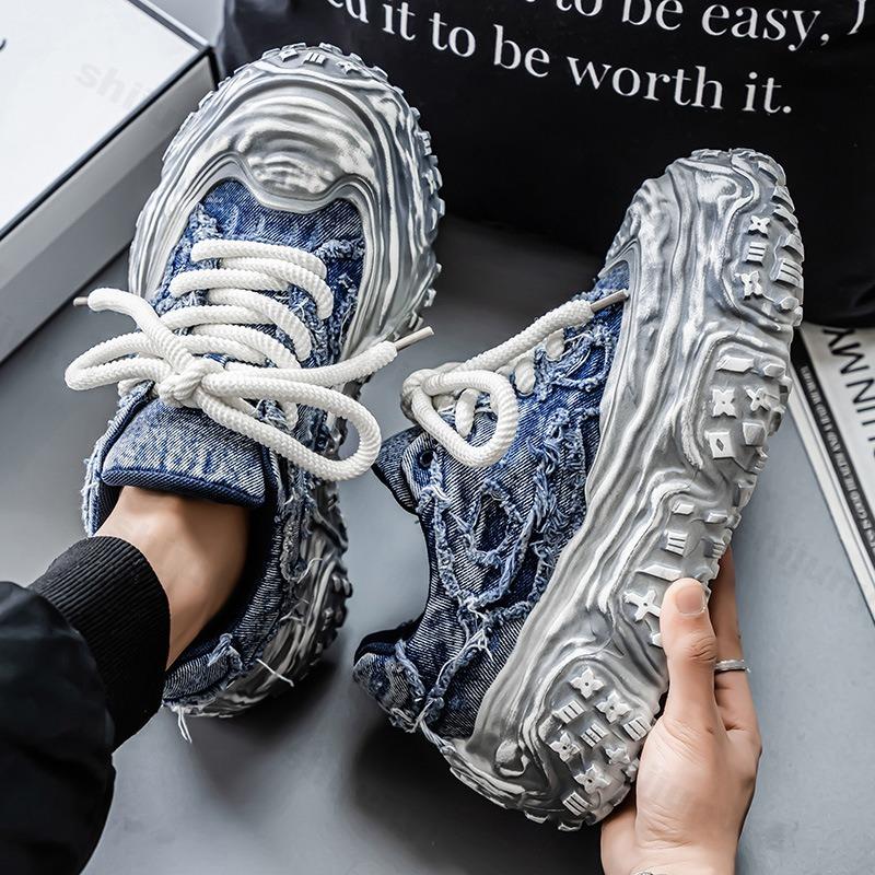 Fashion Niche Denim Patchwork Design Breathable Casual Shoes Men 2025 Spring Fashion Trend Thick Soled Shoes Comfortable Chunky sneakers