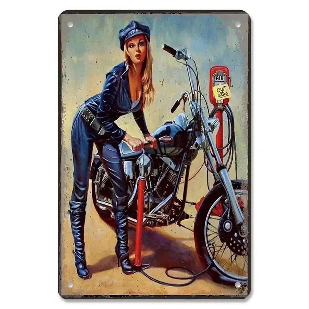 MotorcycleVintageCo Pinup Kovové cedule - Vintage umělecké plakáty - Železná malba Nástěnná dekorace - Pozvedne výzdobu v pánském doupěti a baru