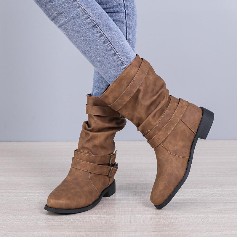Bottines moyennes à semelle plate pour femmes, automne et hiver, nouvelles bottes de chevalier à boucle de ceinture, bout rond, grandes tailles pour femmes, bottes cigarette