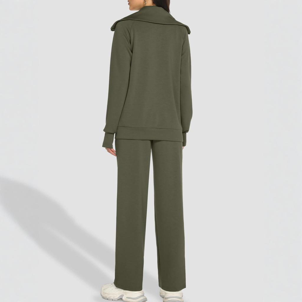 Women's Fashion V-neck Solid Color Long Sleeved Double Zipper Lapel Jacket Wide Leg Pants Sweatshirt Long Pants Set