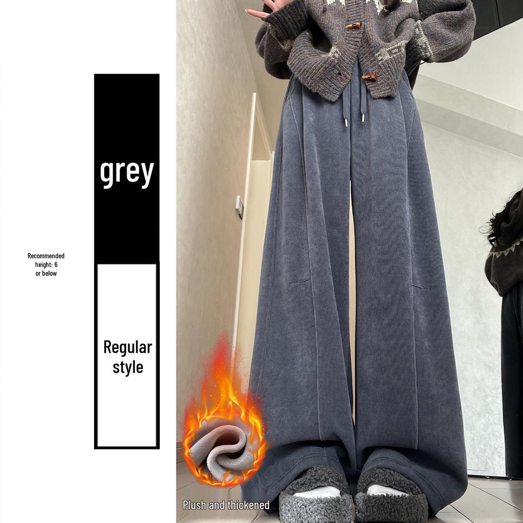 Women's High-Waisted Gray Corduroy Wide-Leg Pants - Autumn/Winter Plus Velvet Thickened Long-Leg Sports Sweatpants