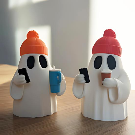 Halloween Ghost Figurine Cute Ghost Holding Phone And Cup Statue Small Ghost Tabletop Ornament for Halloween Home Decor