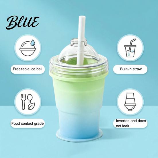 Non-breakable Ice Ball Maker Cup with Lid And Straw 2-in-1 Foldable Silicone Travel Straw Drinking Cup Portable Iced Beverage for Outdoor