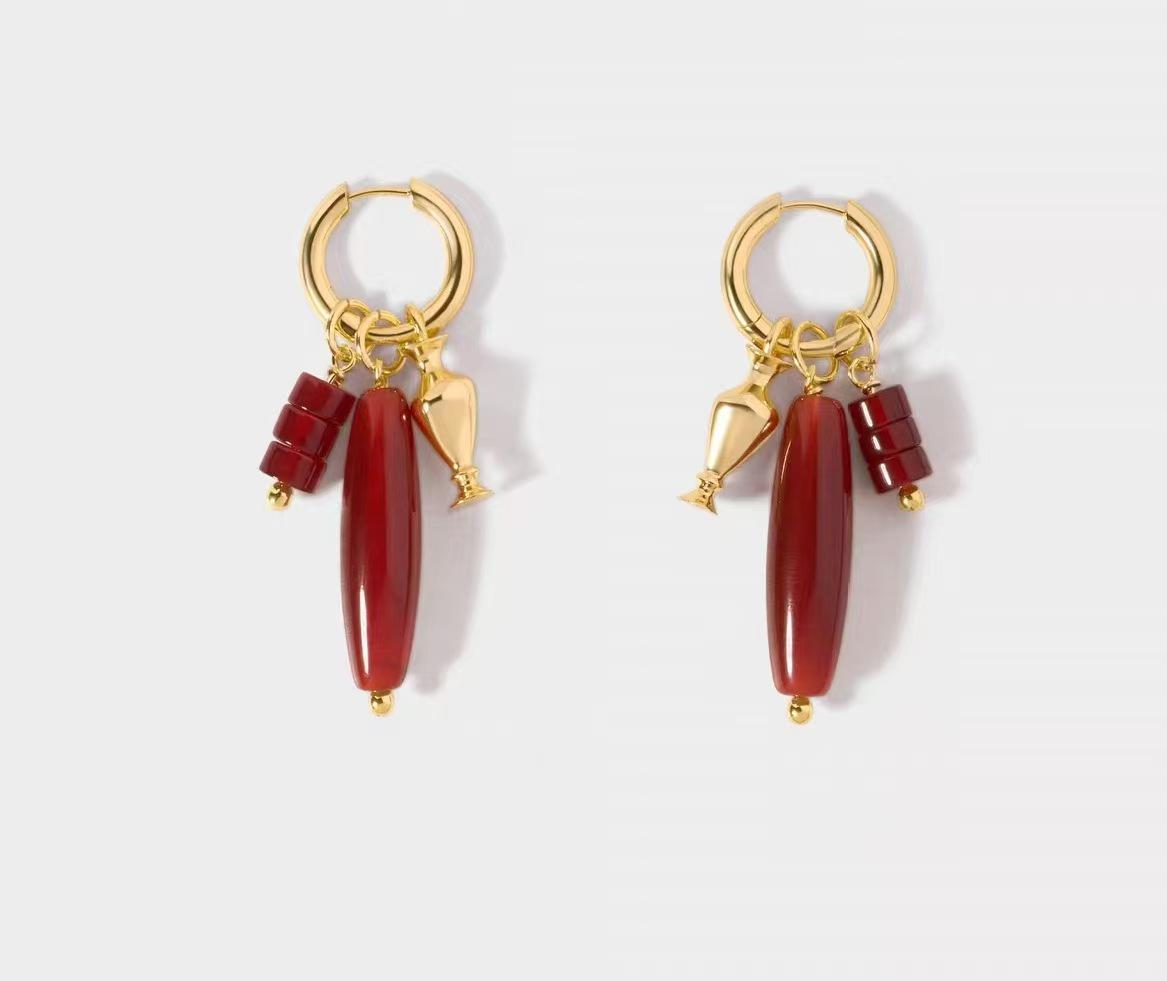 

Korean Style Red Agate Gold & Silver Two-Tone Detachable Earrings for Women
