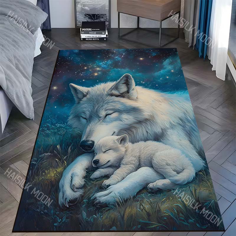 

1PC mother wolf pup sleeping under stars Carpet for Living Room Bedroom Sofa Home Decor Rus Non-slip Floor Mat Luxury Gift 40x60cm