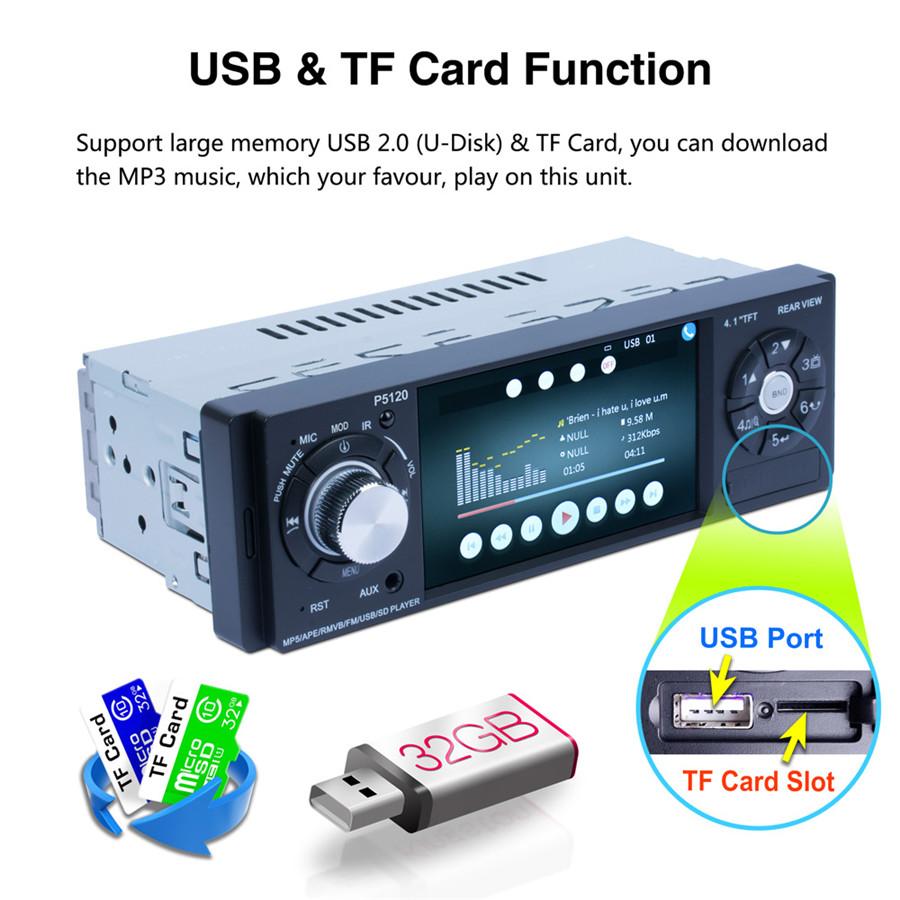 4.1" 1DIN 1080P HD Car In-Dash Digital MP5 Stereo Audio MP3 Player FM Radio Bluetooth 7 Colors Backlight With Steering Wheel  Control Remote