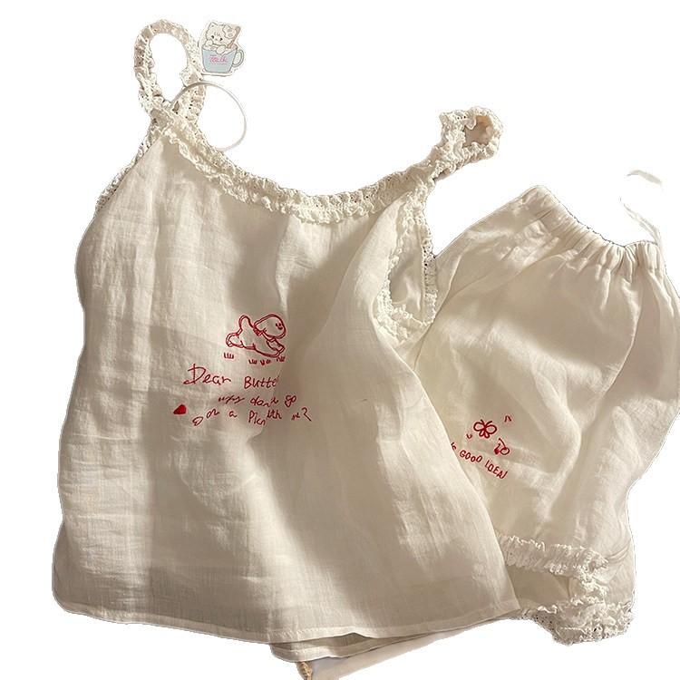 Japanese Small Fresh and Sweet Lace Suspender Pajamas Women's Summer 1011 New Simple Style White Casual Suit Tide