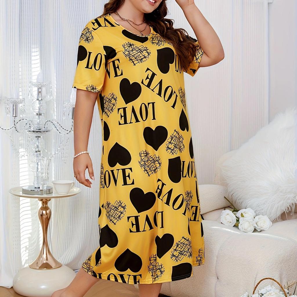 Large size nightdress yellow love print milk silk fresh and fresh home style fat MM loose short-sleeved nightdress