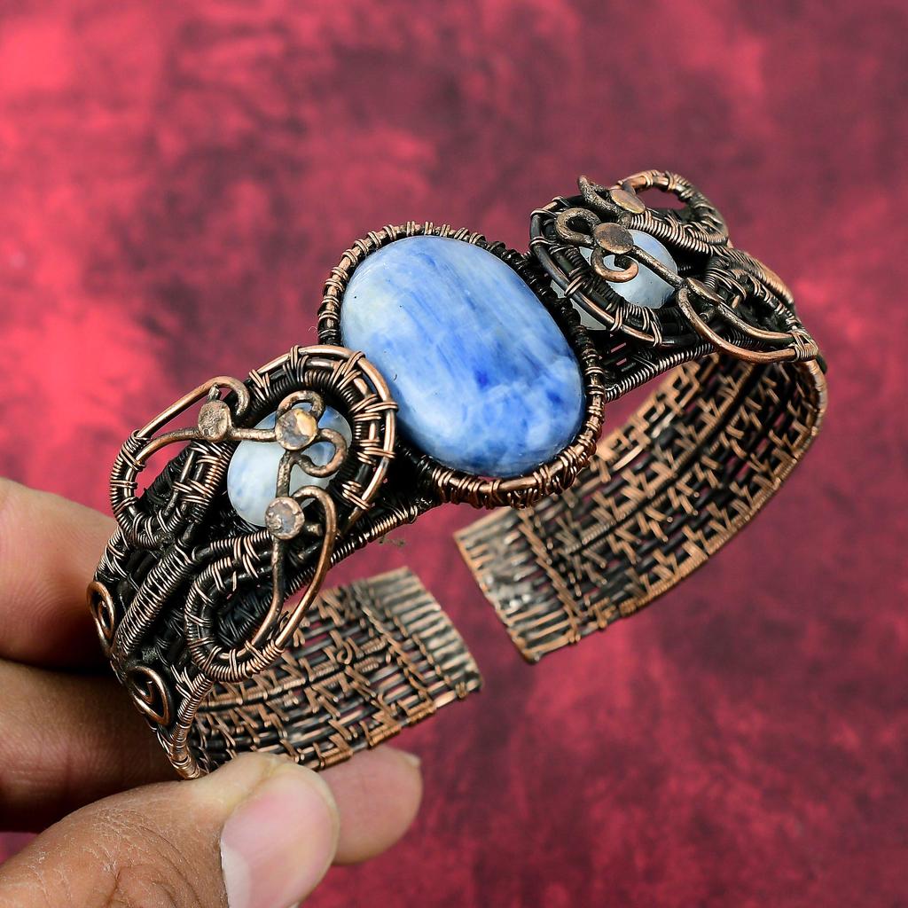 Kyanite Cuff Bracelet Copper Wire Wrapped Adjustable Bangle Rainbow Moonstone Gemstone Cuff Bracelet Handmade Copper Jewelry Gifts For Wife
