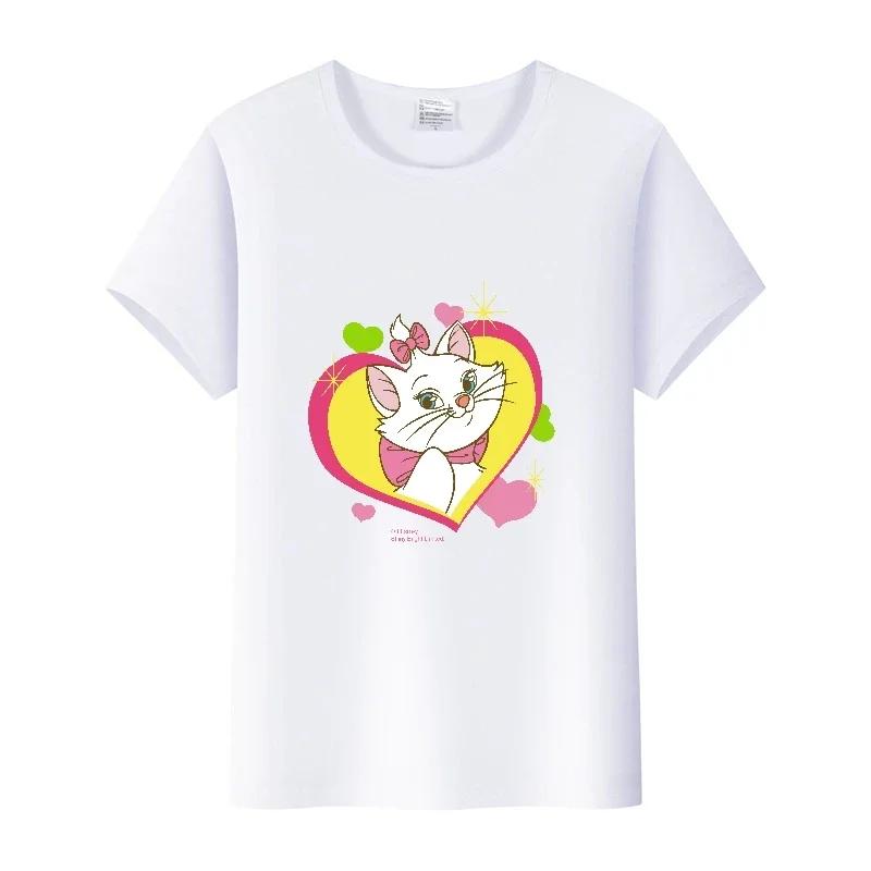 Kpop Fashion Disney Marie Cat Cartoon Love Woman Tees 2023 Summer Tops Short Sleeve Girl T-Shirts Oversized Clothes Mens Blouses