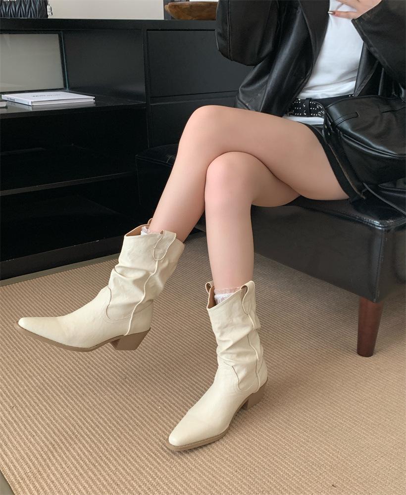 

White high-heeled short boots women s boots autumn and winter new retro suede versatile pleated thin boots thick-heeled Martin boots 39 белый